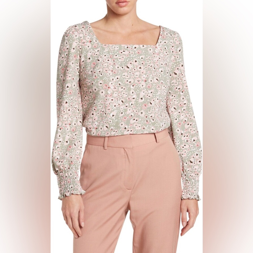 MELLODAY Floral Print Square Neck Top Long Sleeve Blouse Women's Size XL